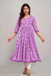 Purple Rayon Anarkali Kurta with side slits, suitable for daily, party, casual, and office wear. Printed pattern on comfortable rayon cotton fabric. Available in S, M, L, XL, XXL, 3XL sizes